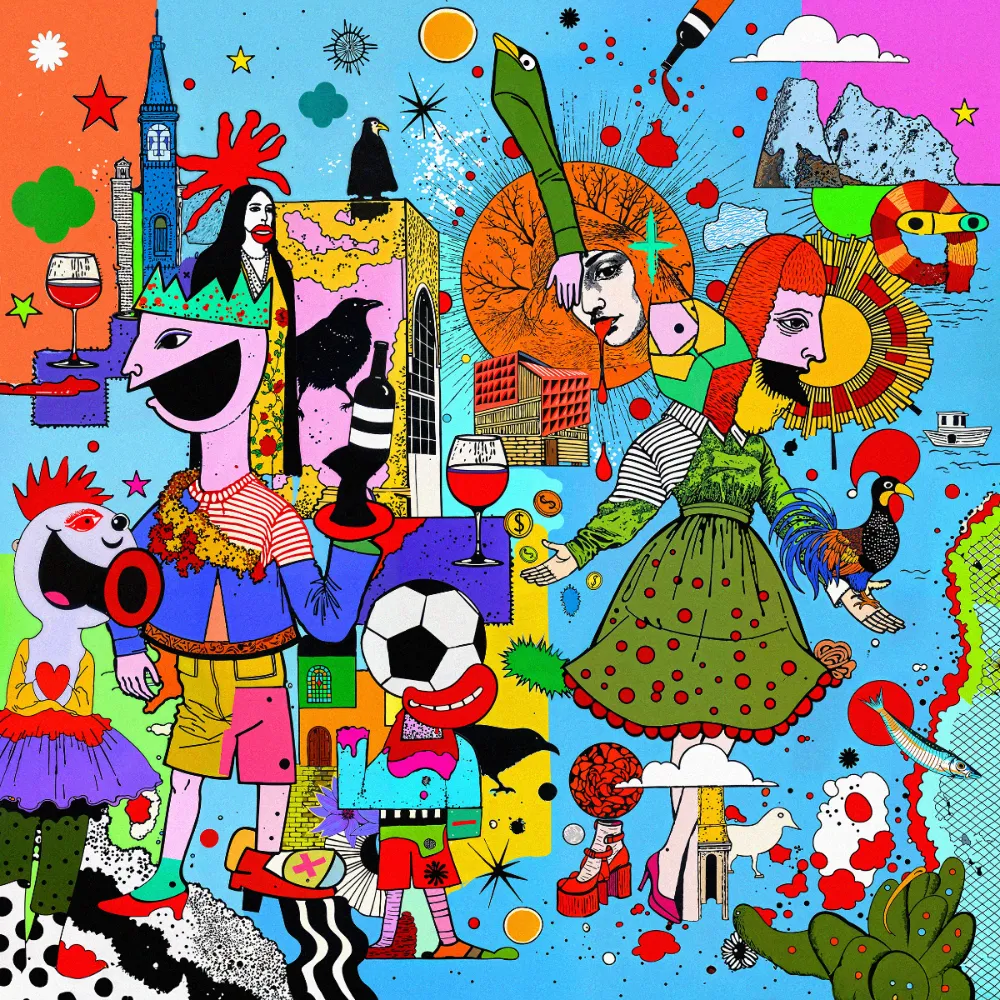 Capa do disco Contrafação: Ilustração surrealista colorida com figuras humanas, animais e objetos misturados.